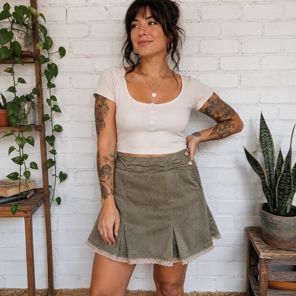 Lux Herringbone Lace Trim Skirt Womens 13 Brown Tweed Hipster Coquette Preppy